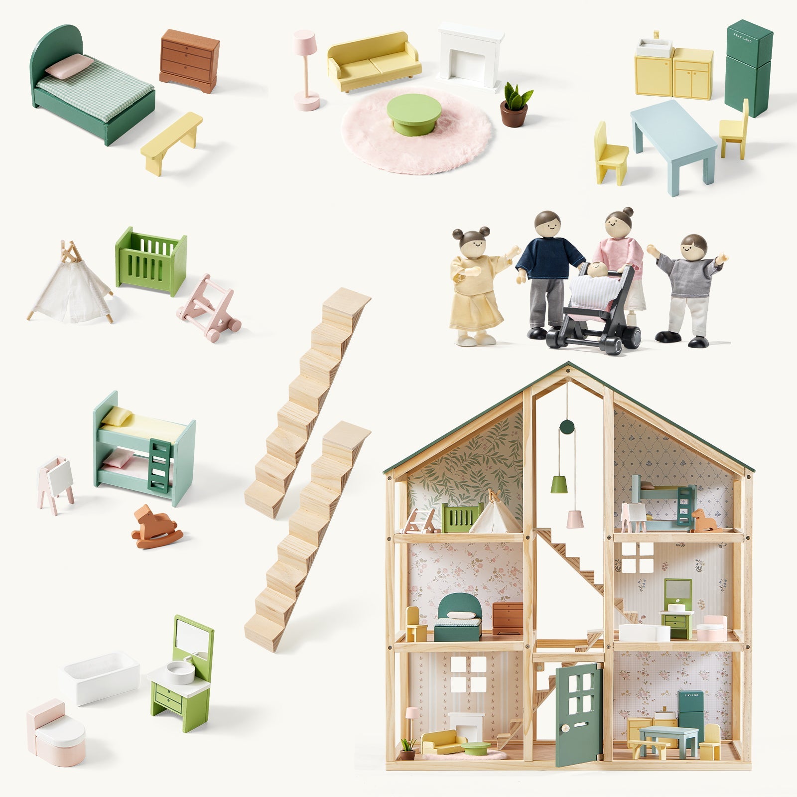 Little Green World Gift Set: Sage Dollhouse & Sage Storage Kitchen