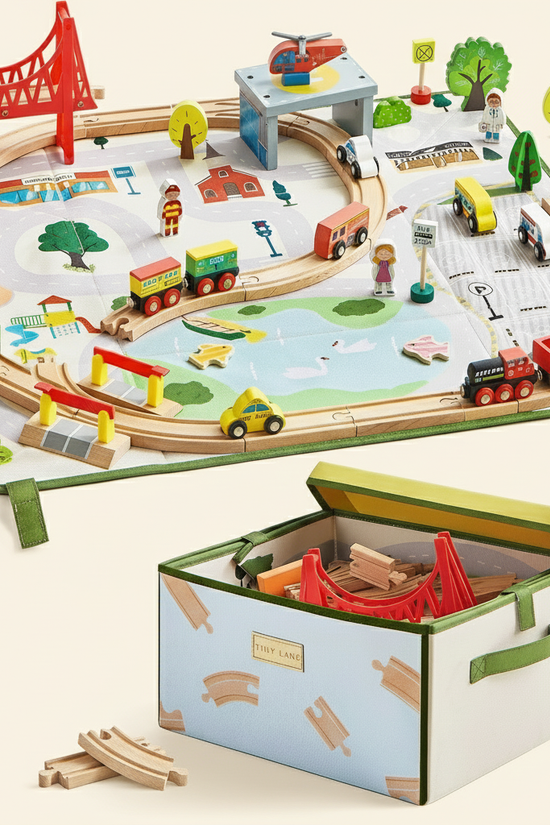 ® 110-Piece Wooden Train Set with Folding Storage Box