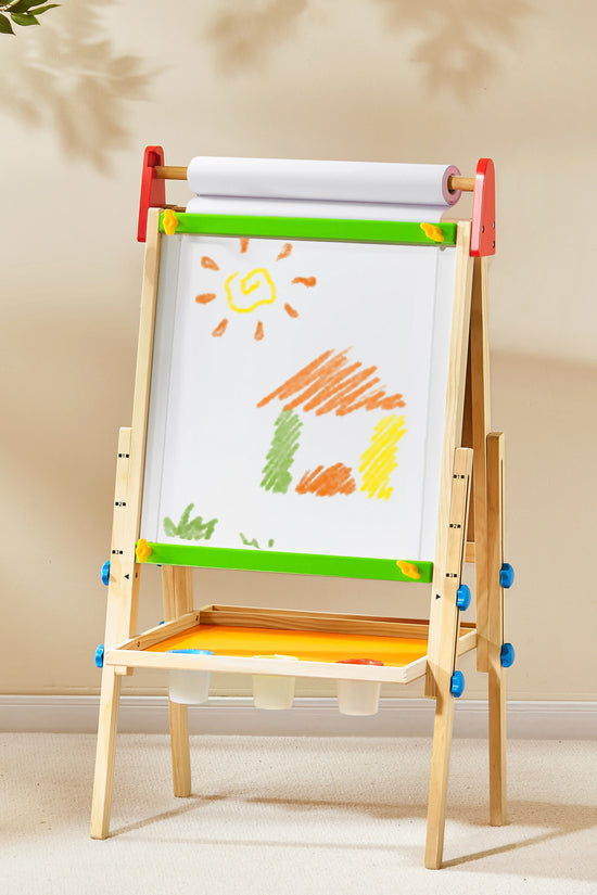 Bright Play & Art Set — Colorful Easel + Cream Playhouse with Lights