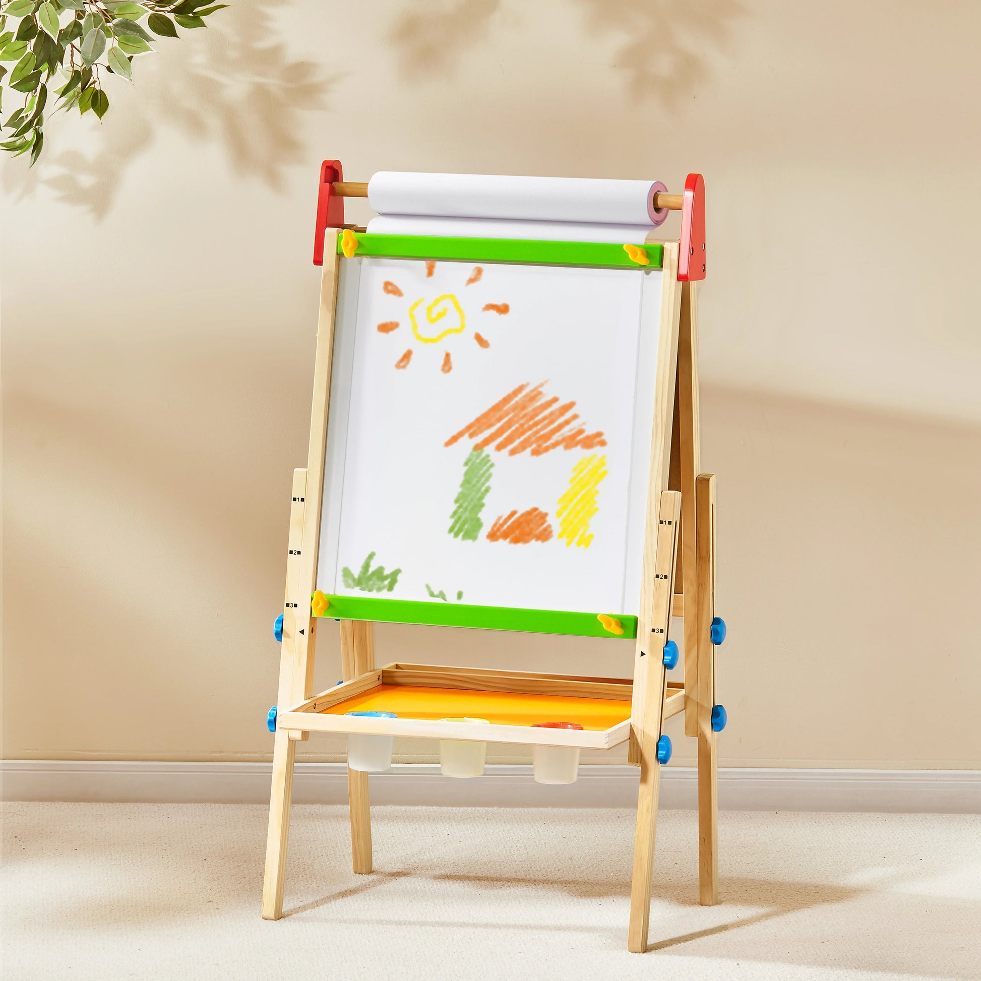 Bright Play & Art Set — Colorful Easel + Cream Playhouse with Lights