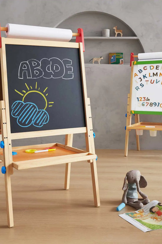 Bright Play & Art Set — Colorful Easel + Cream Playhouse with Lights