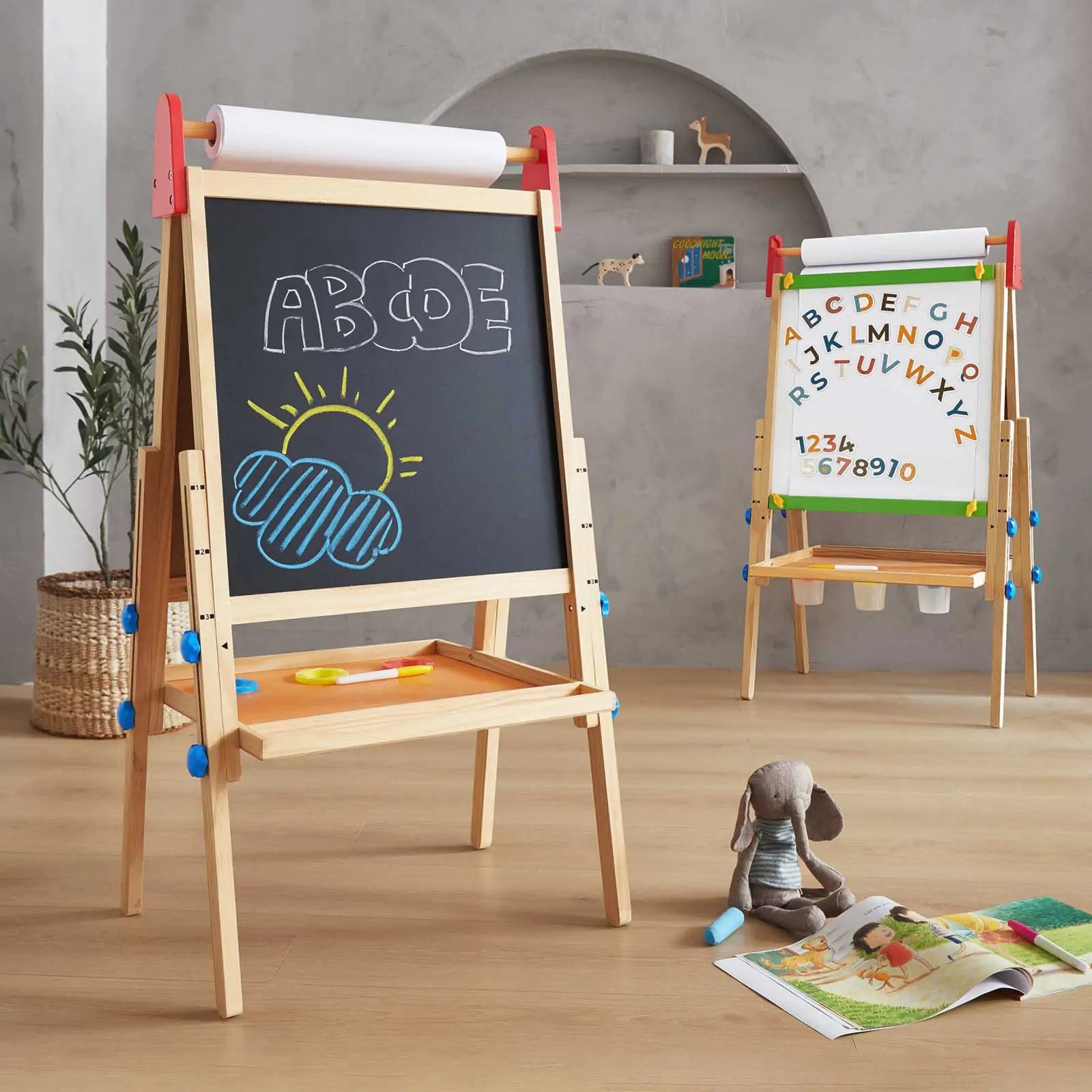 Bright Play & Art Set — Colorful Easel + Cream Playhouse with Lights