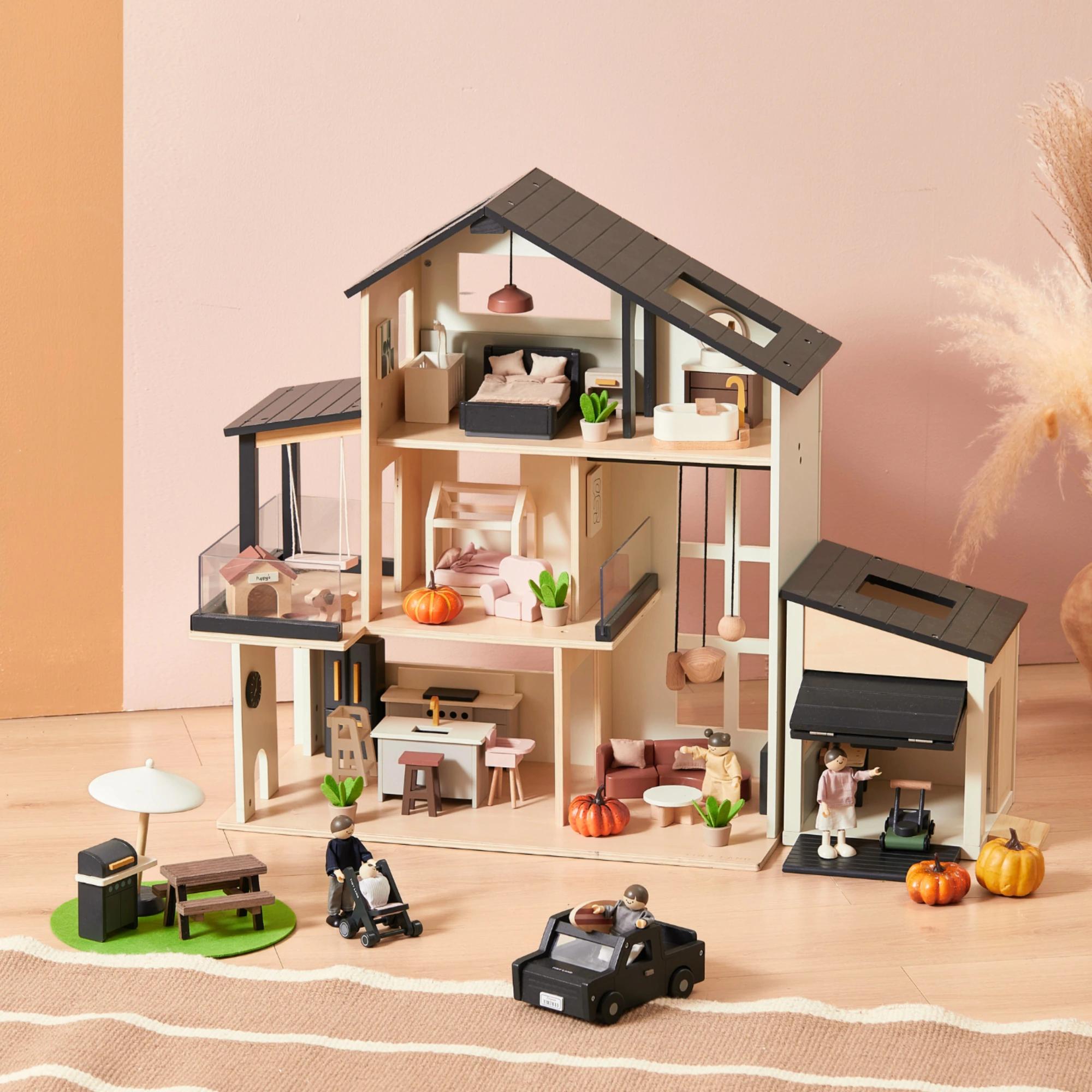 Sweet Family Gift Set: Black Dollhouse & Dollhouse Garage & Extra Dolls Set