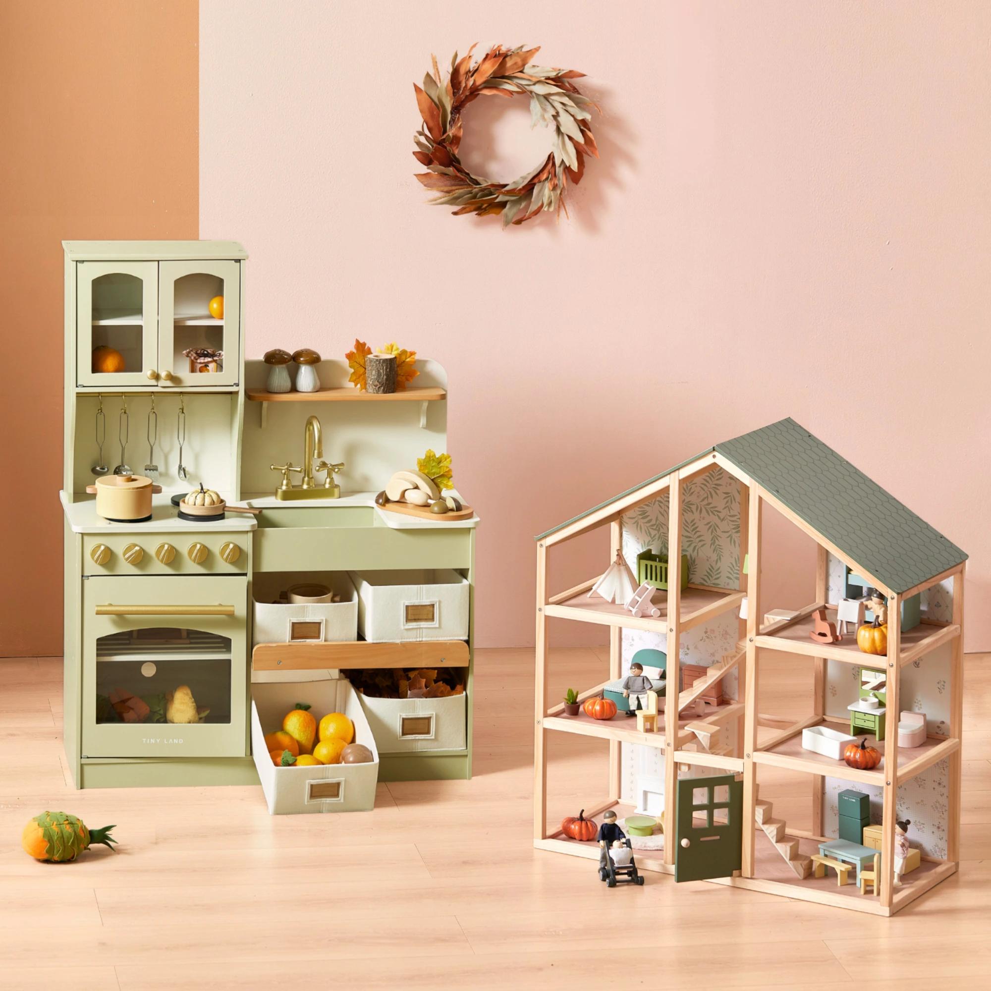 Little Green World Gift Set: Sage Dollhouse & Sage Storage Kitchen
